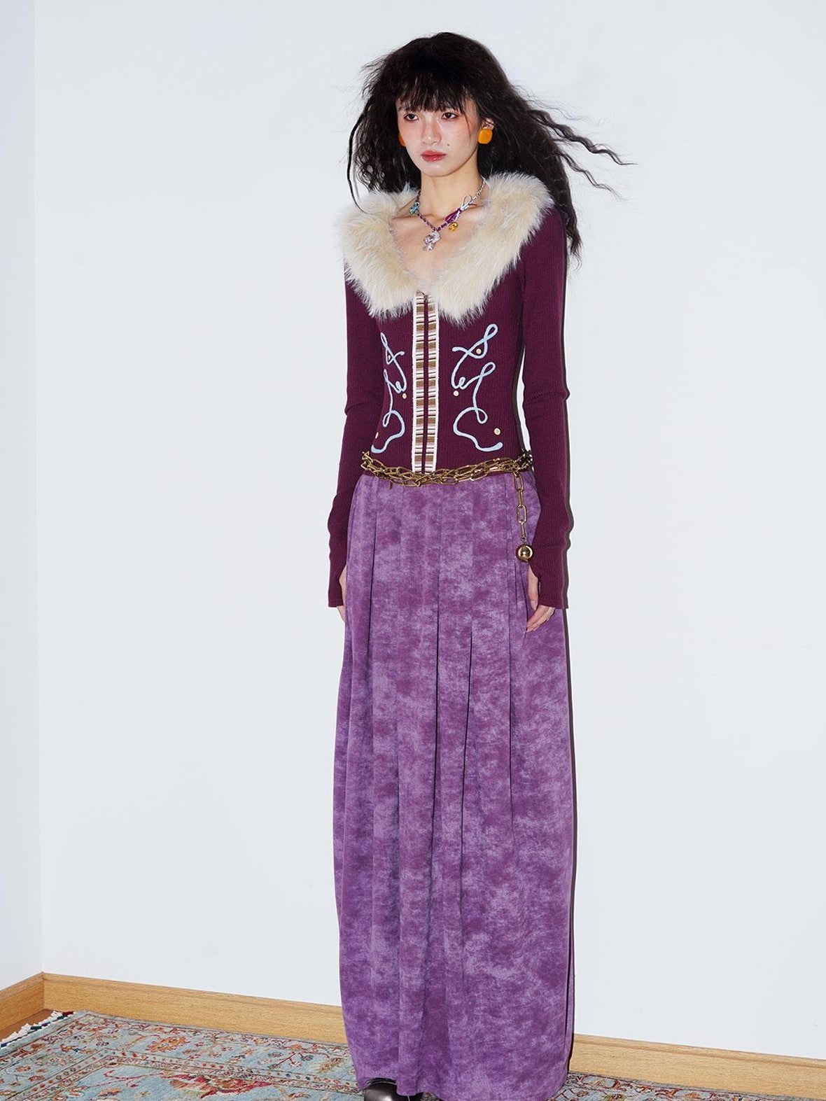 badtaste Vintage Embroidered Detachable Fur Collar V-neck Women's Casual Maxi Dresses