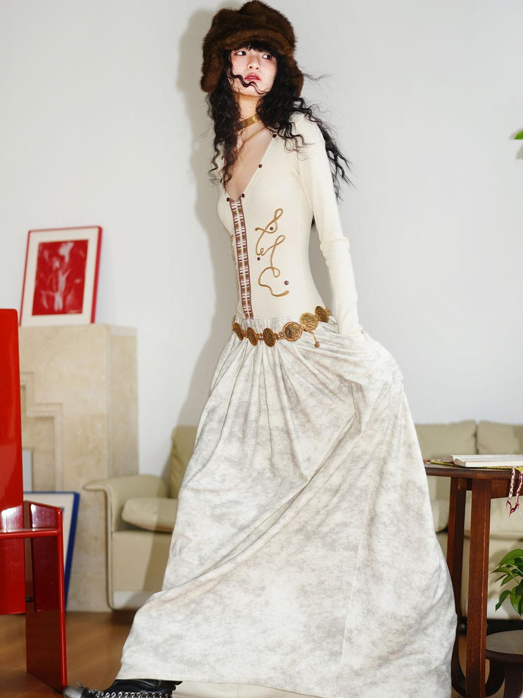 badtaste Vintage Embroidered Detachable Fur Collar V-neck Women's Casual Maxi Dresses