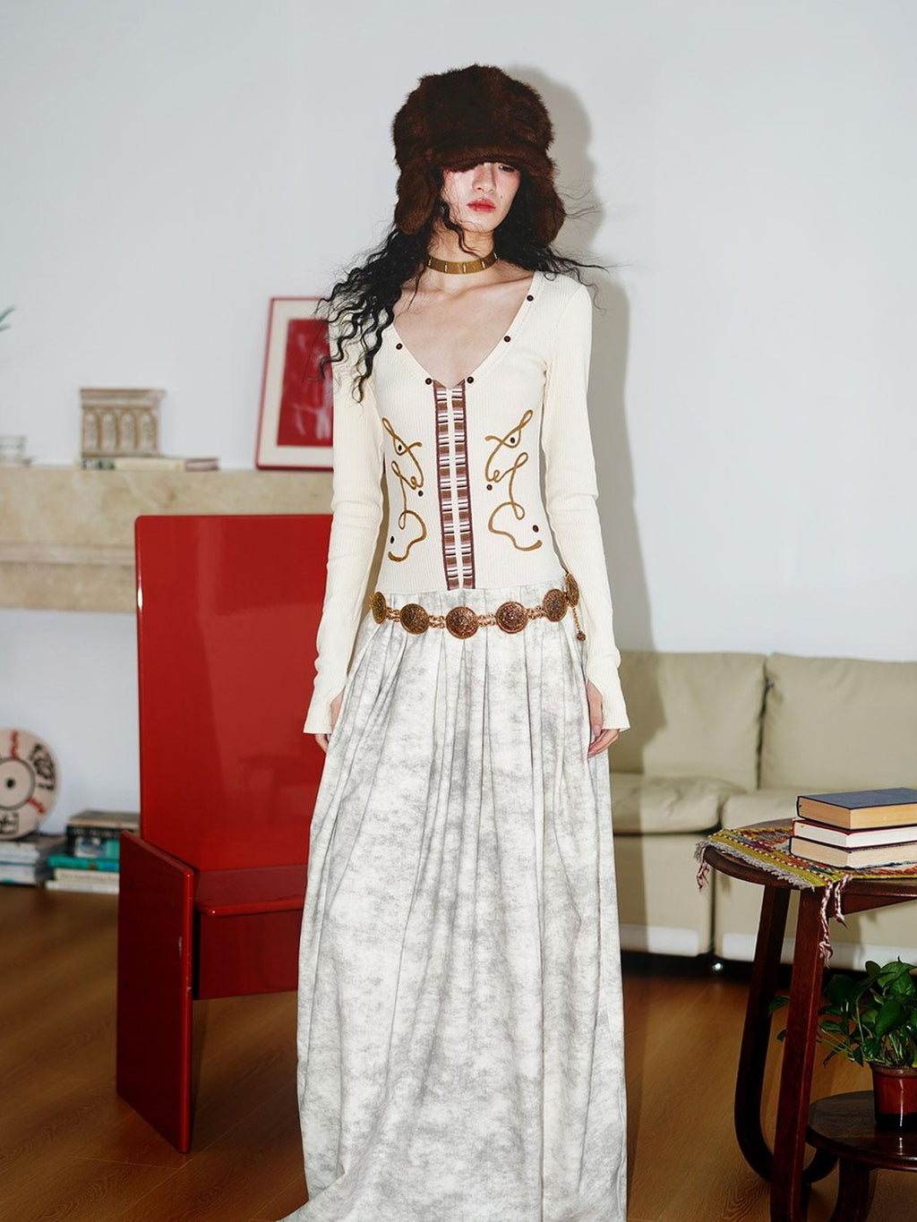 badtaste Vintage Embroidered Detachable Fur Collar V-neck Women's Casual Maxi Dresses