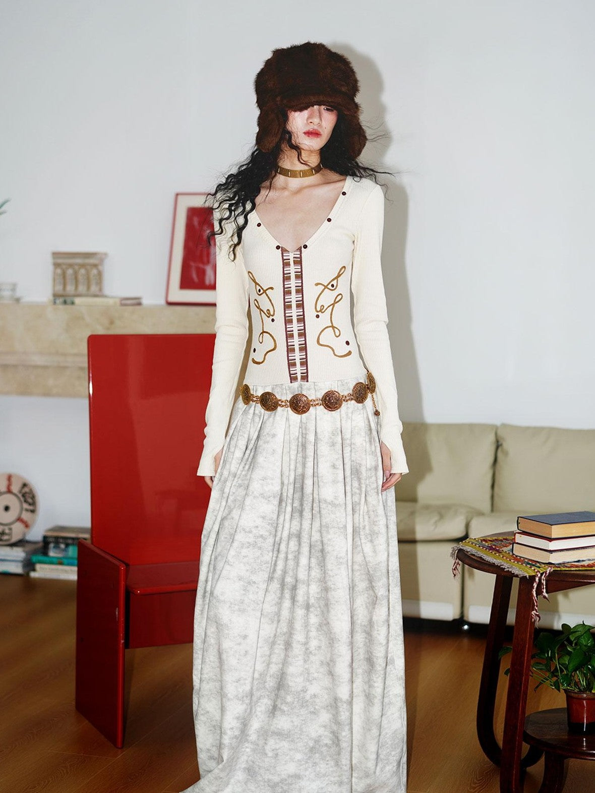 badtaste Vintage Embroidered Detachable Fur Collar V-neck Women's Casual Maxi Dresses
