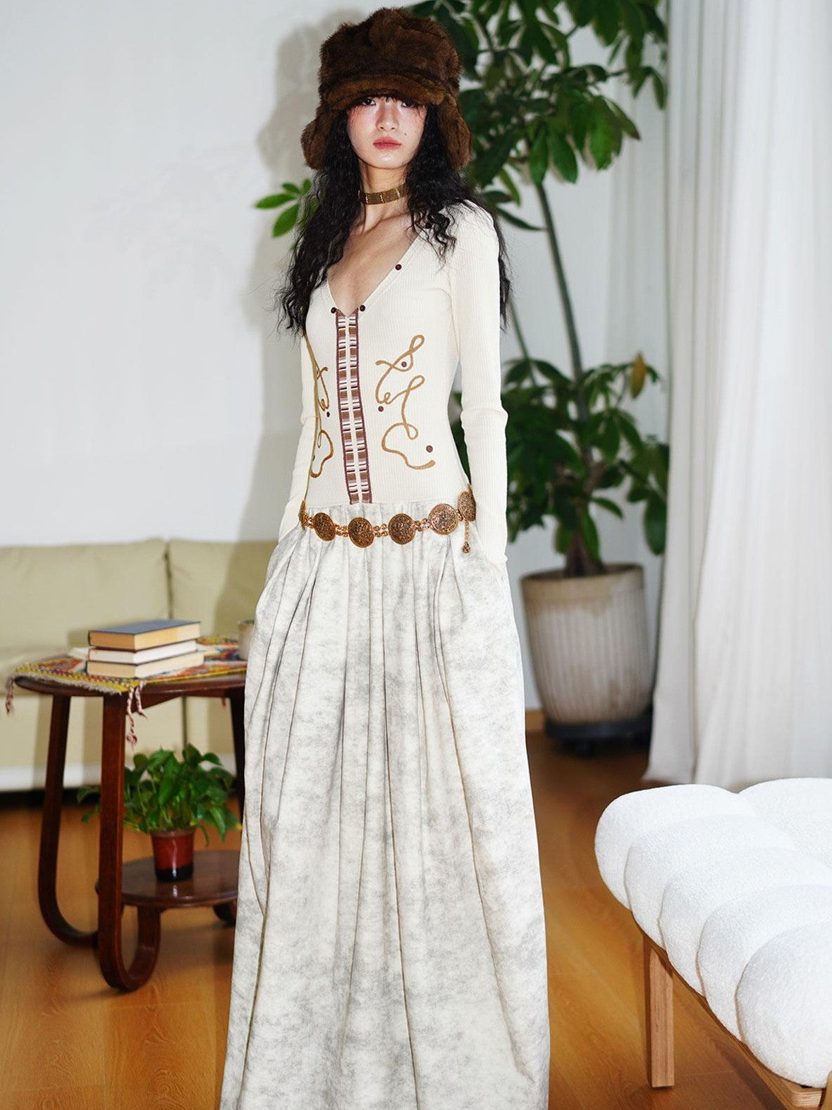 badtaste Vintage Embroidered Detachable Fur Collar V-neck Women's Casual Maxi Dresses