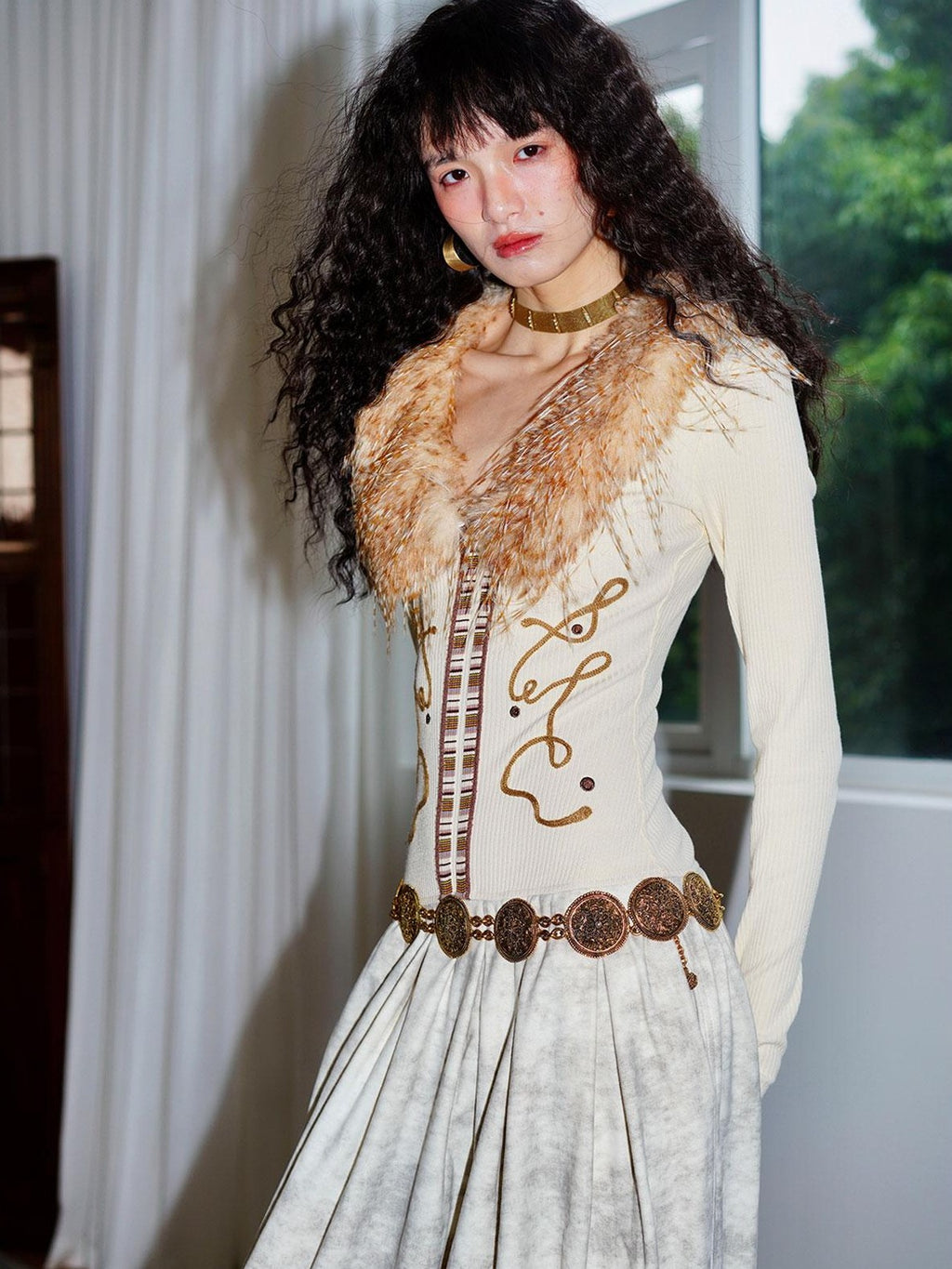 badtaste Vintage Embroidered Detachable Fur Collar V-neck Women's Casual Maxi Dresses