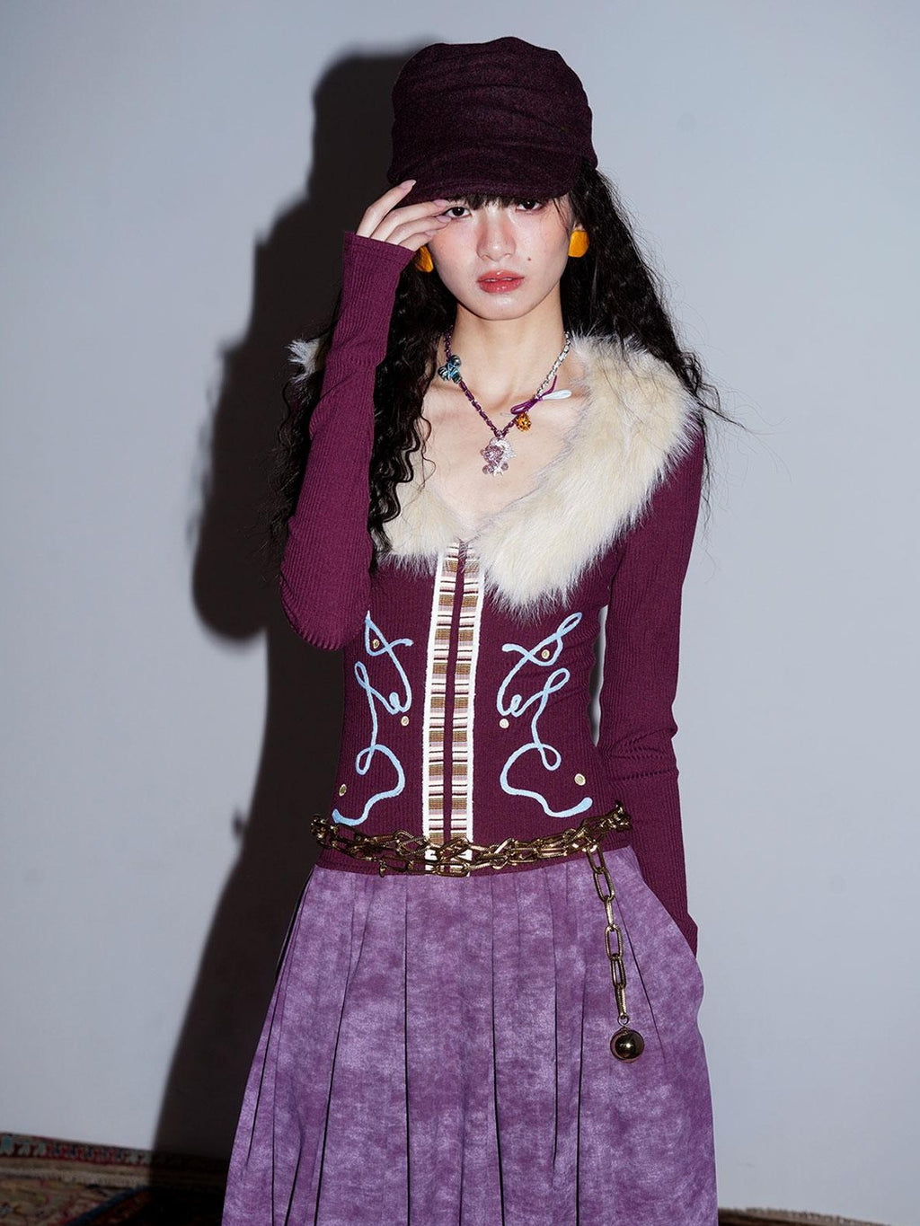 badtaste Vintage Embroidered Detachable Fur Collar V-neck Women's Casual Maxi Dresses