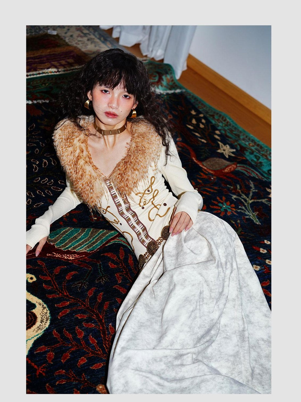 badtaste Vintage Embroidered Detachable Fur Collar V-neck Women's Casual Maxi Dresses