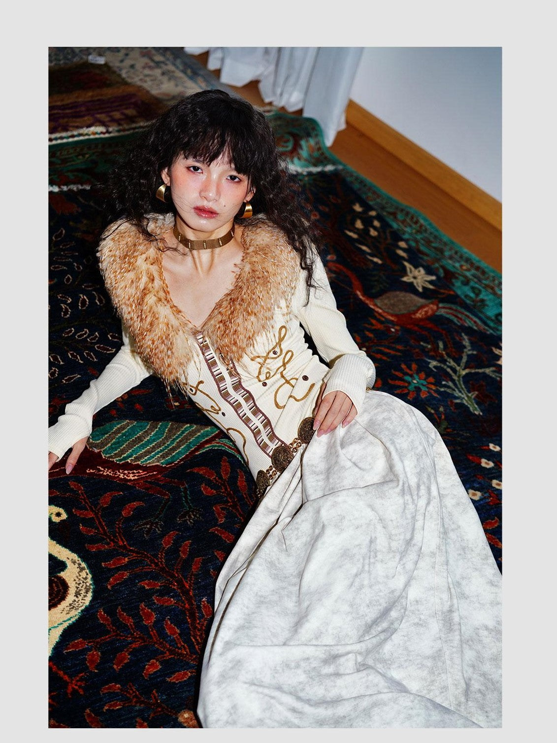 badtaste Vintage Embroidered Detachable Fur Collar V-neck Women's Casual Maxi Dresses