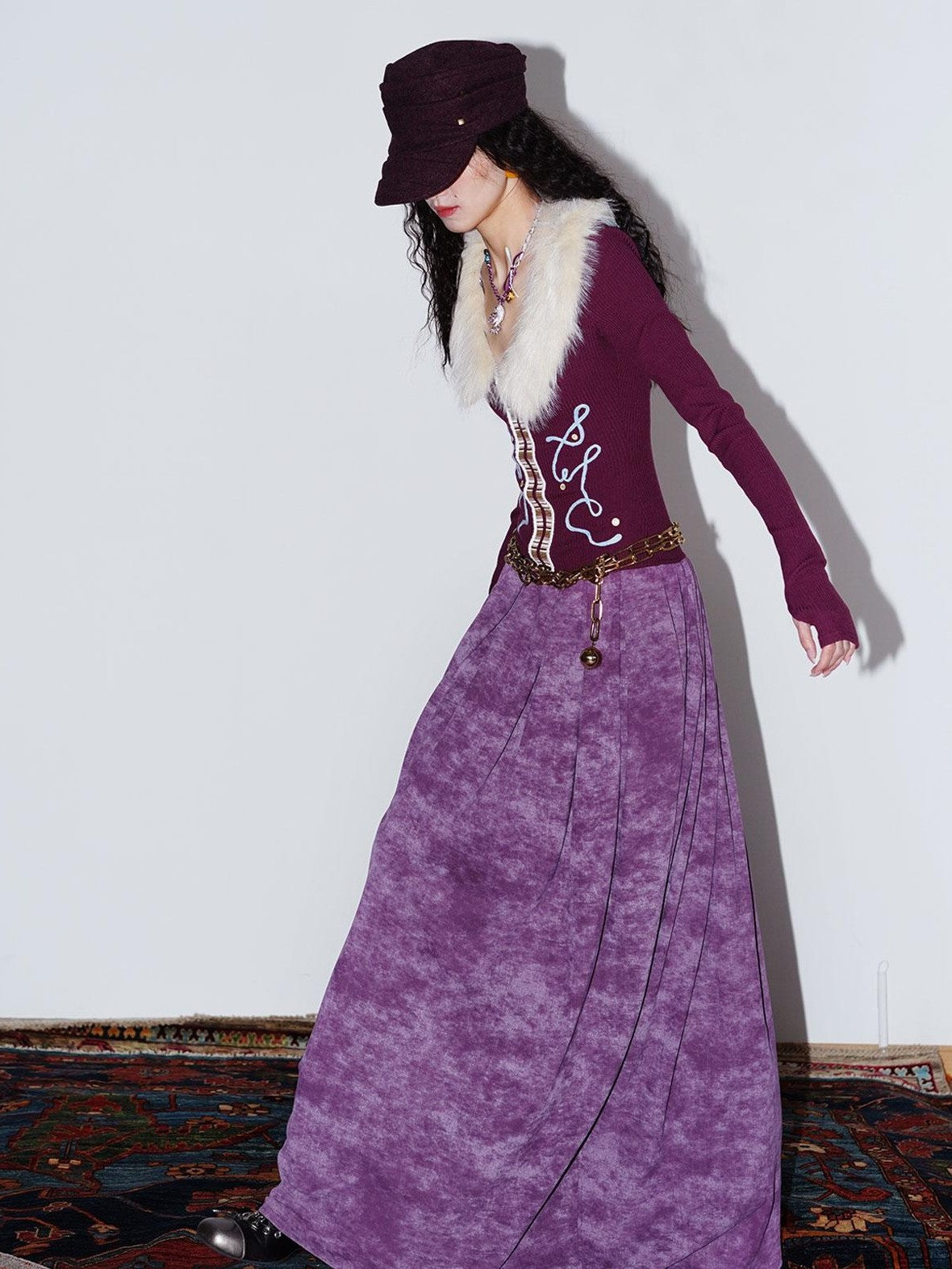 badtaste Vintage Embroidered Detachable Fur Collar V-neck Women's Casual Maxi Dresses