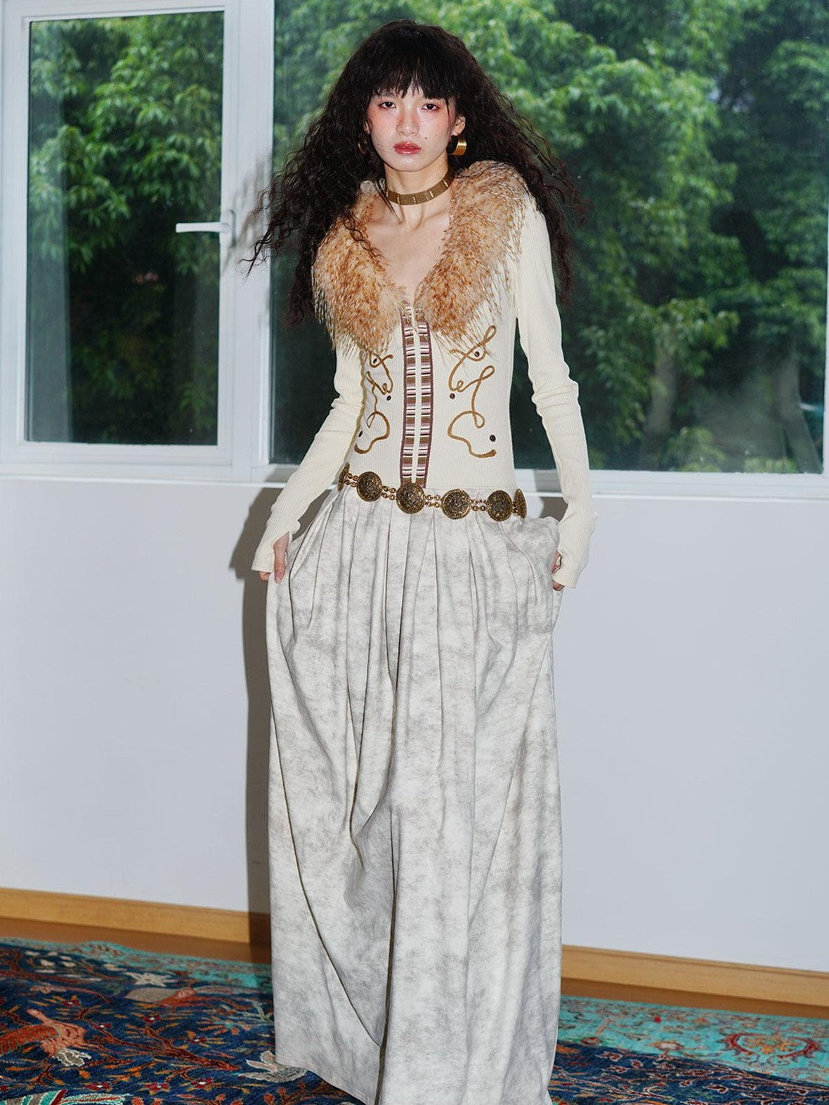 badtaste Vintage Embroidered Detachable Fur Collar V-neck Women's Casual Maxi Dresses