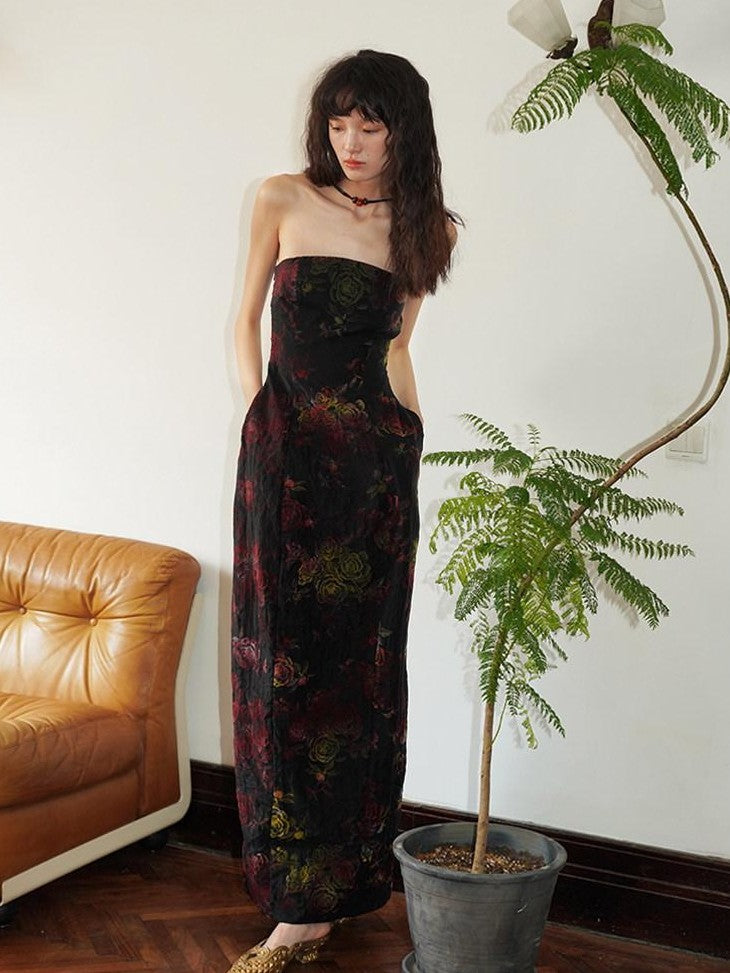 badtaste Vintage Floral Flocked New Chinese Women's Tencel Strapless Maxi Dresses