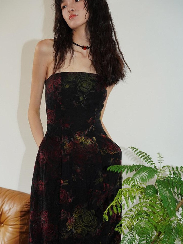 badtaste Vintage Floral Flocked New Chinese Women's Tencel Strapless Maxi Dresses