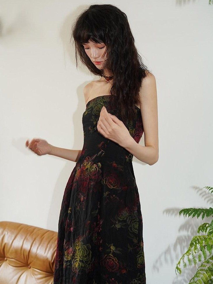 badtaste Vintage Floral Flocked New Chinese Women's Tencel Strapless Maxi Dresses