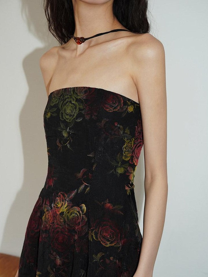 badtaste Vintage Floral Flocked New Chinese Women's Tencel Strapless Maxi Dresses