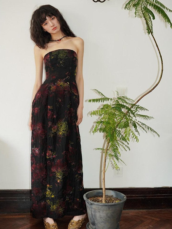 badtaste Vintage Floral Flocked New Chinese Women's Tencel Strapless Maxi Dresses
