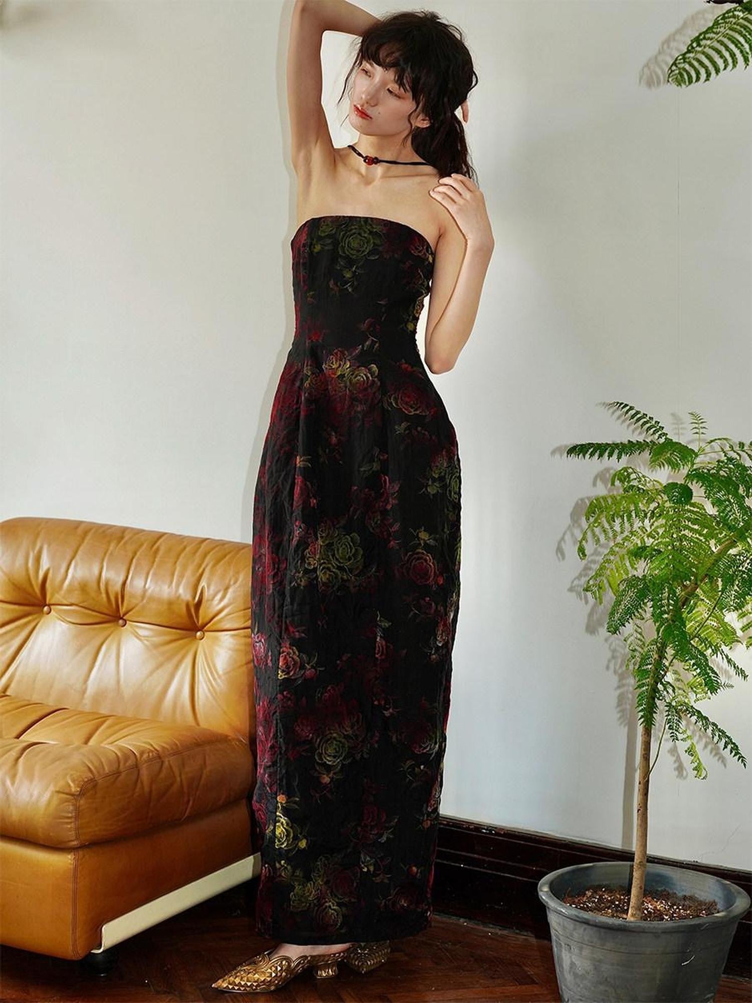 badtaste Vintage Floral Flocked New Chinese Women's Tencel Strapless Maxi Dresses