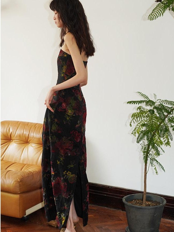 badtaste Vintage Floral Flocked New Chinese Women's Tencel Strapless Maxi Dresses