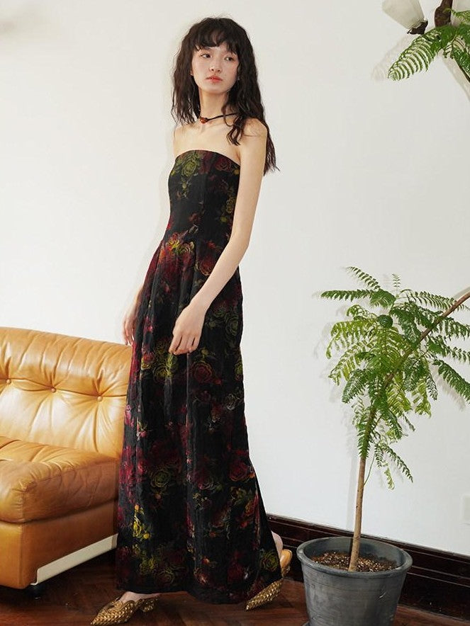 badtaste Vintage Floral Flocked New Chinese Women's Tencel Strapless Maxi Dresses