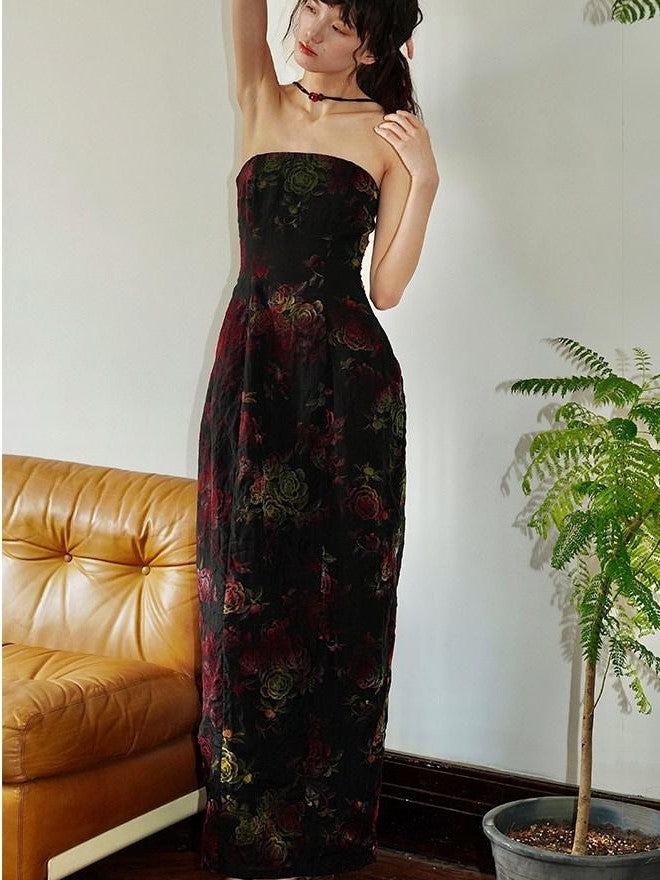 badtaste Vintage Floral Flocked New Chinese Women's Tencel Strapless Maxi Dresses