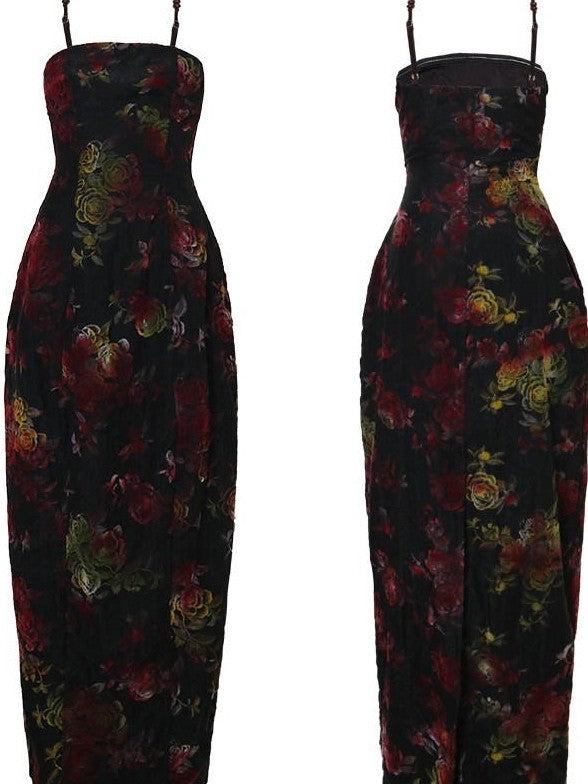 badtaste Vintage Floral Flocked New Chinese Women's Tencel Strapless Maxi Dresses