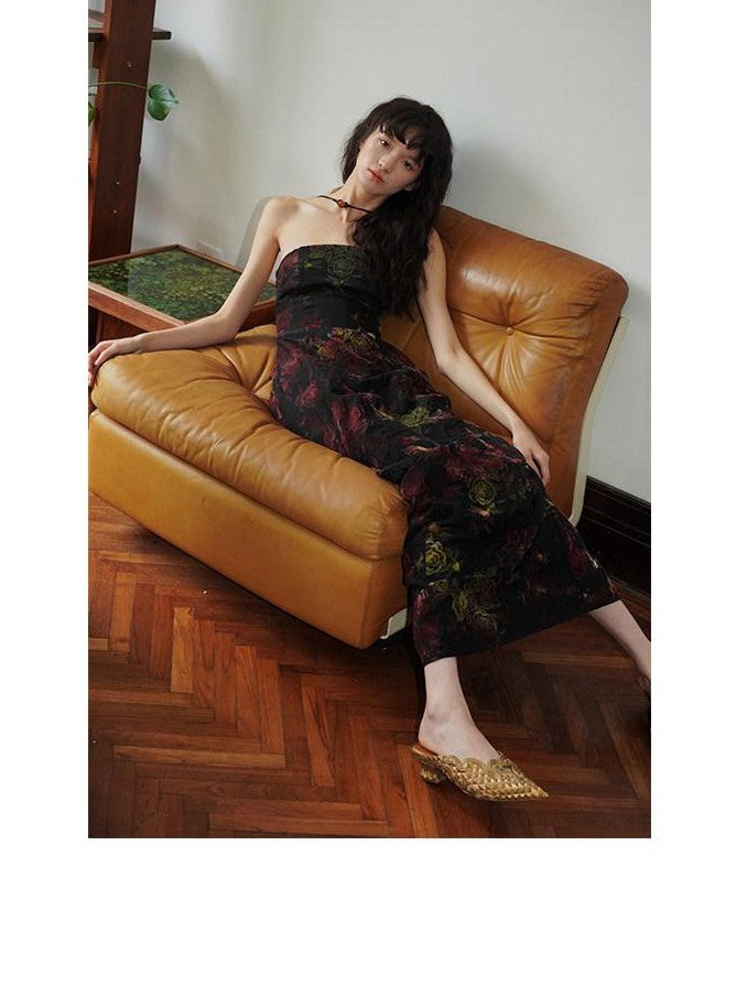 badtaste Vintage Floral Flocked New Chinese Women's Tencel Strapless Maxi Dresses