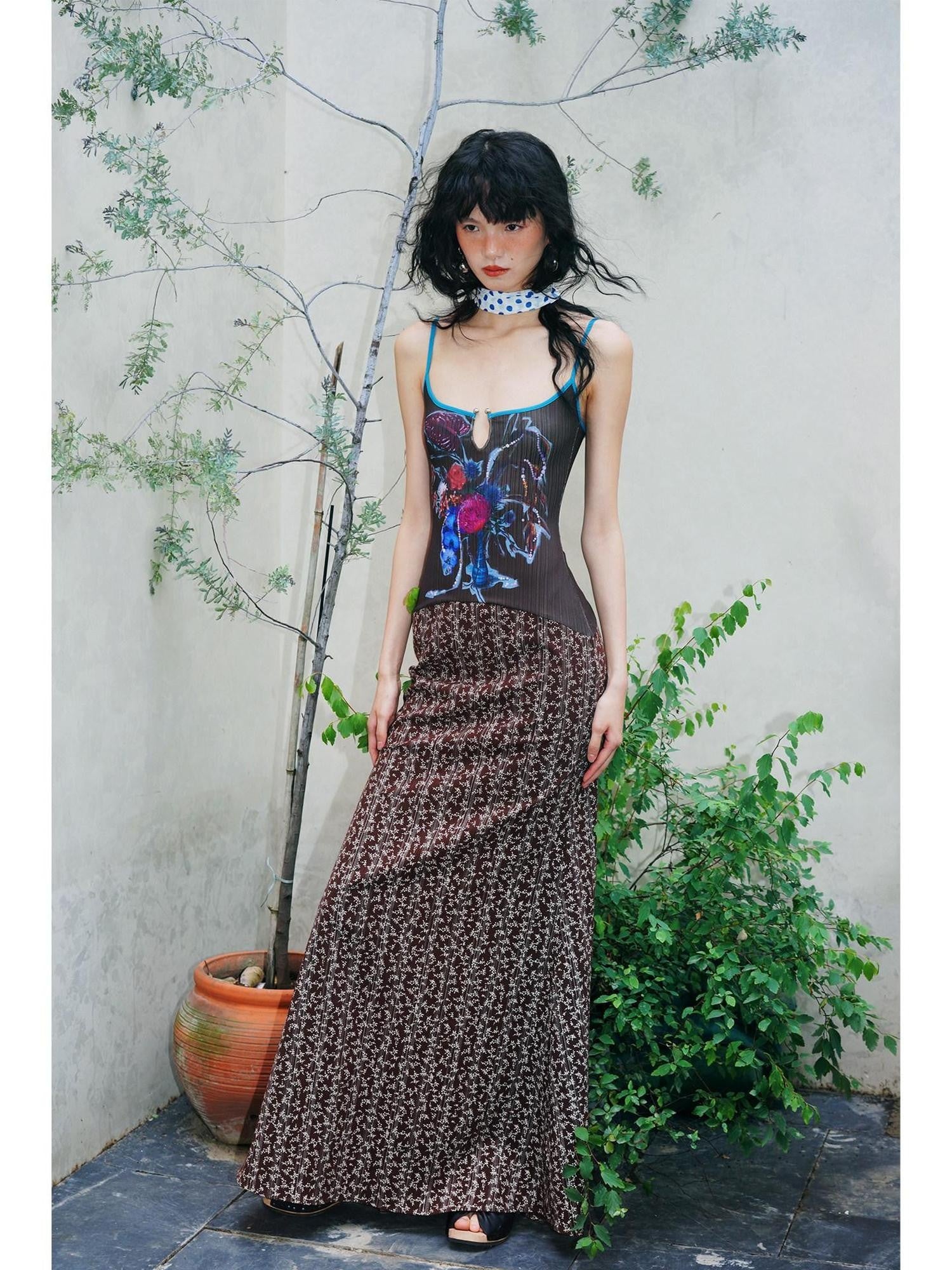 badtaste Vintage Floral Patchwork Contrast Slim Women's Stretch Knit Slip Maxi Dresses