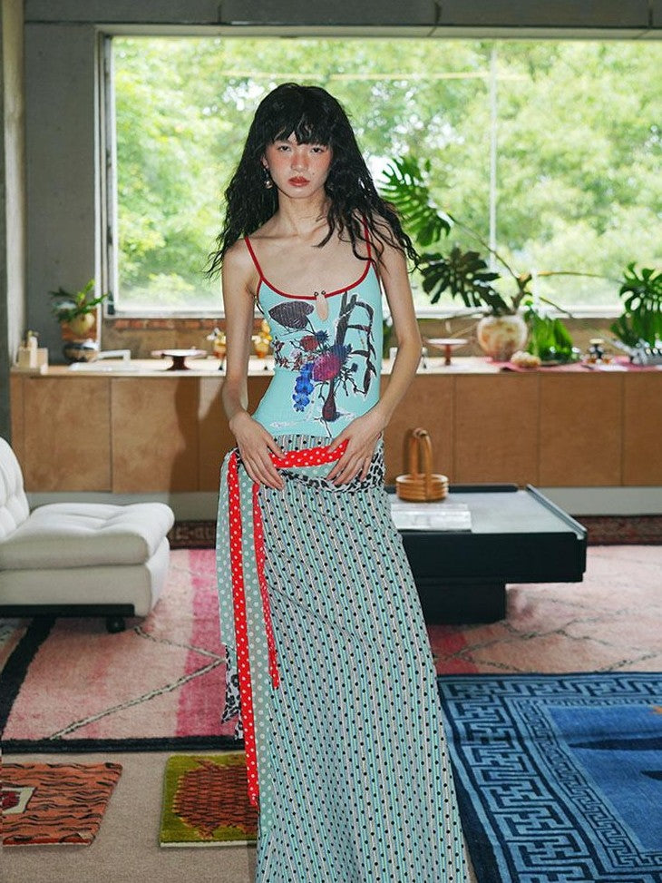 badtaste Vintage Floral Patchwork Contrast Slim Women's Stretch Knit Slip Maxi Dresses