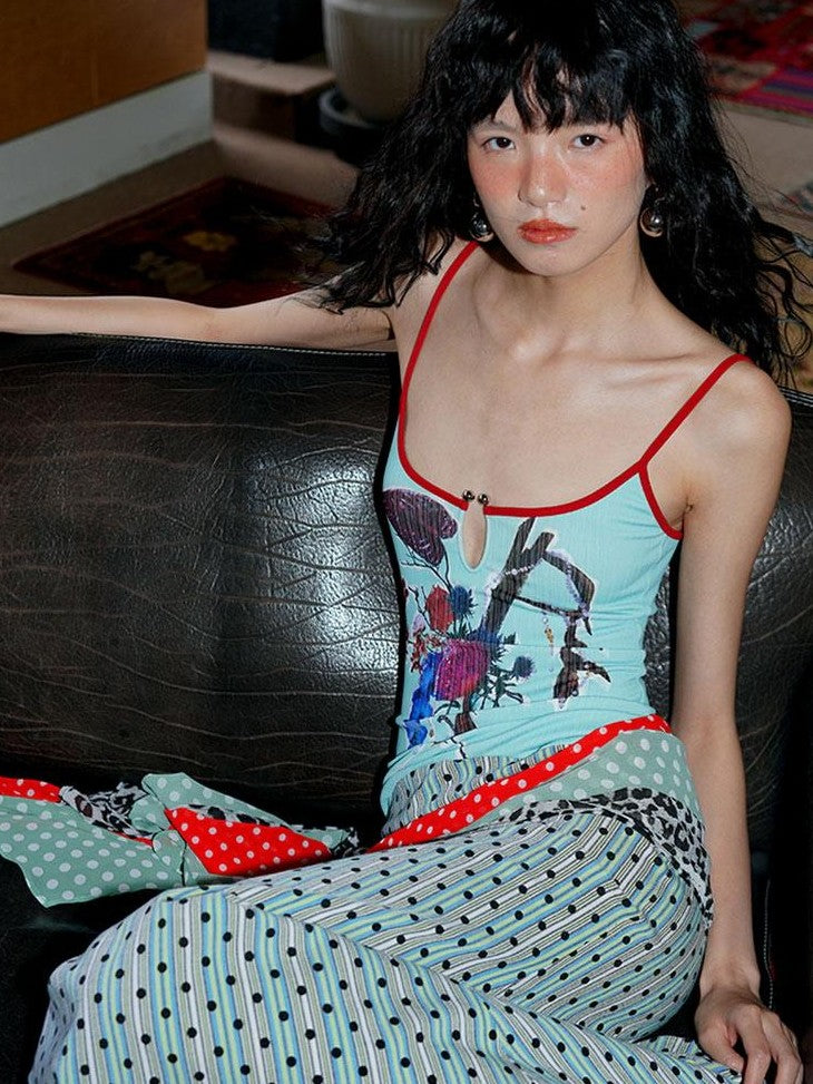 badtaste Vintage Floral Patchwork Contrast Slim Women's Stretch Knit Slip Maxi Dresses