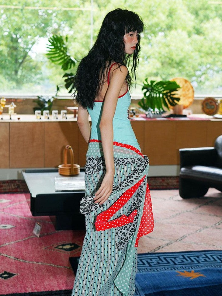 badtaste Vintage Floral Patchwork Contrast Slim Women's Stretch Knit Slip Maxi Dresses