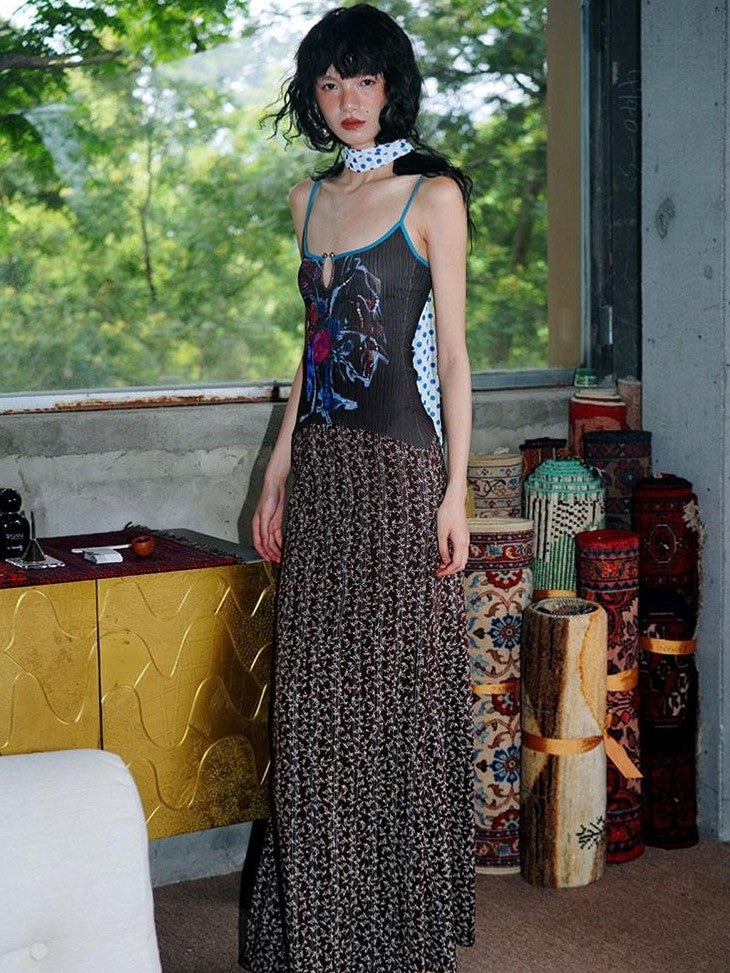 badtaste Vintage Floral Patchwork Contrast Slim Women's Stretch Knit Slip Maxi Dresses