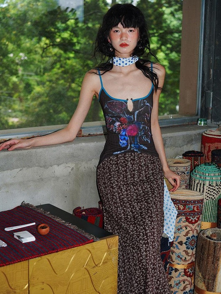 badtaste Vintage Floral Patchwork Contrast Slim Women's Stretch Knit Slip Maxi Dresses