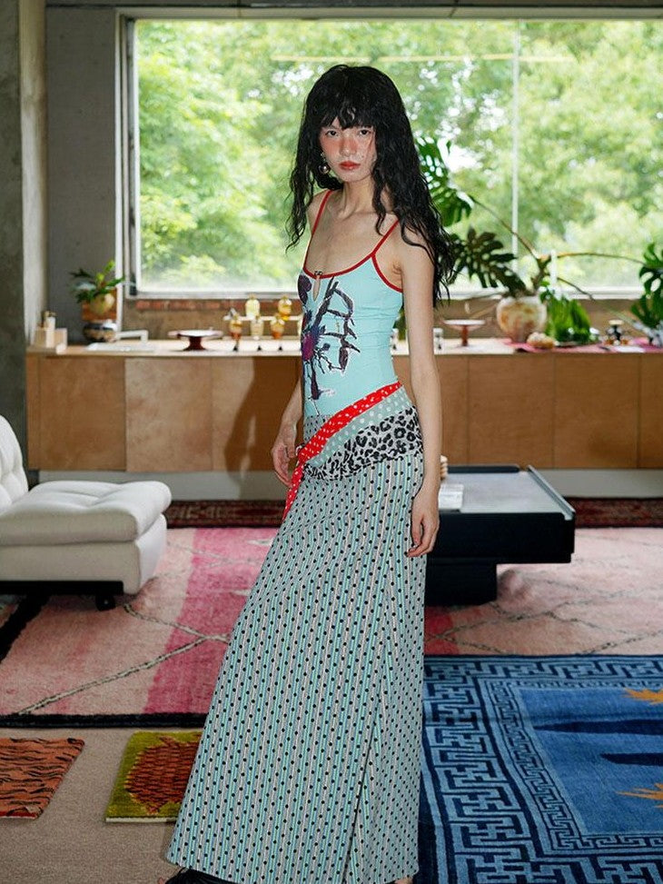 badtaste Vintage Floral Patchwork Contrast Slim Women's Stretch Knit Slip Maxi Dresses