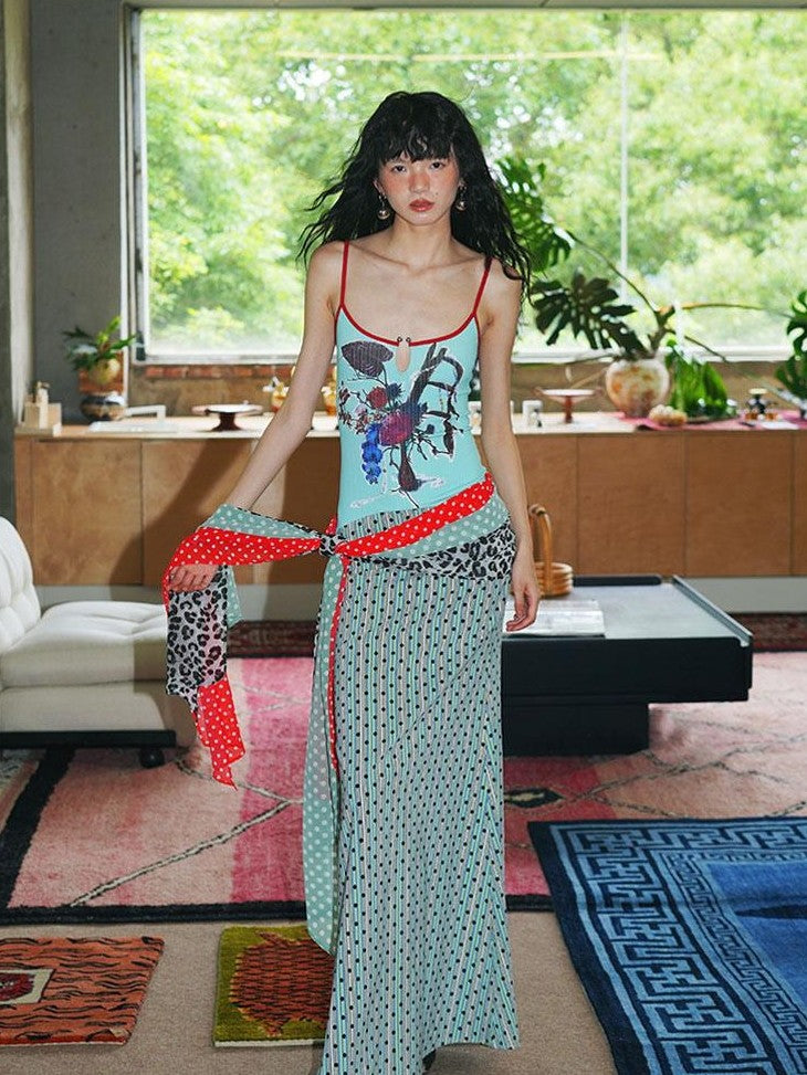 badtaste Vintage Floral Patchwork Contrast Slim Women's Stretch Knit Slip Maxi Dresses