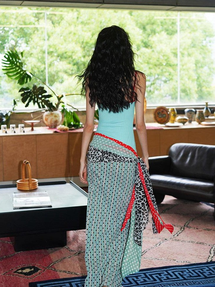 badtaste Vintage Floral Patchwork Contrast Slim Women's Stretch Knit Slip Maxi Dresses