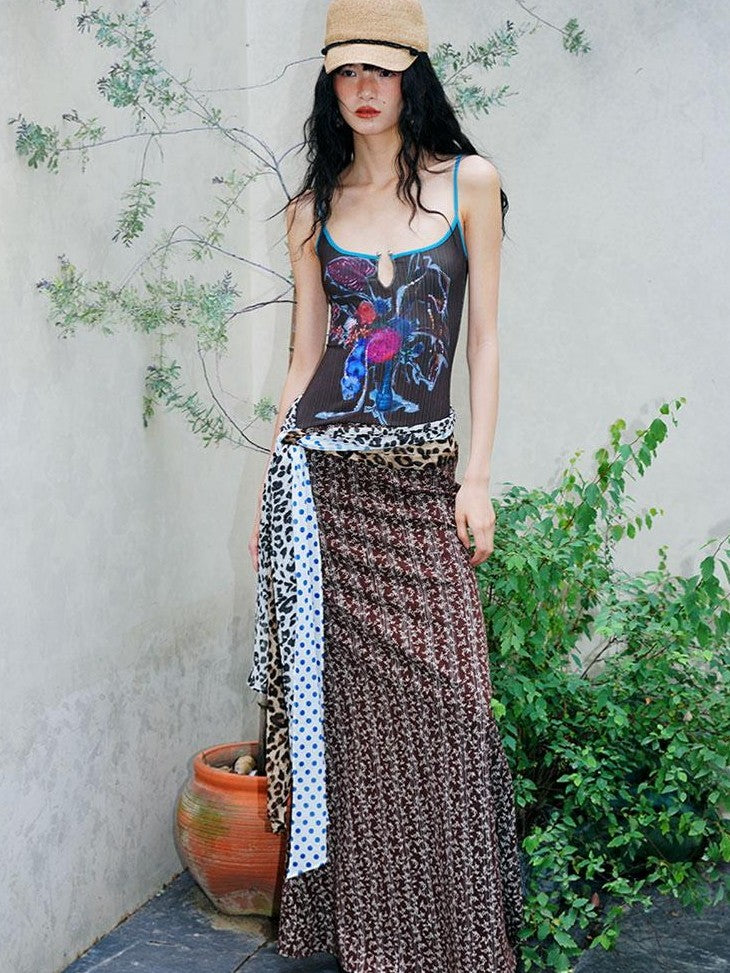 badtaste Vintage Floral Patchwork Contrast Slim Women's Stretch Knit Slip Maxi Dresses
