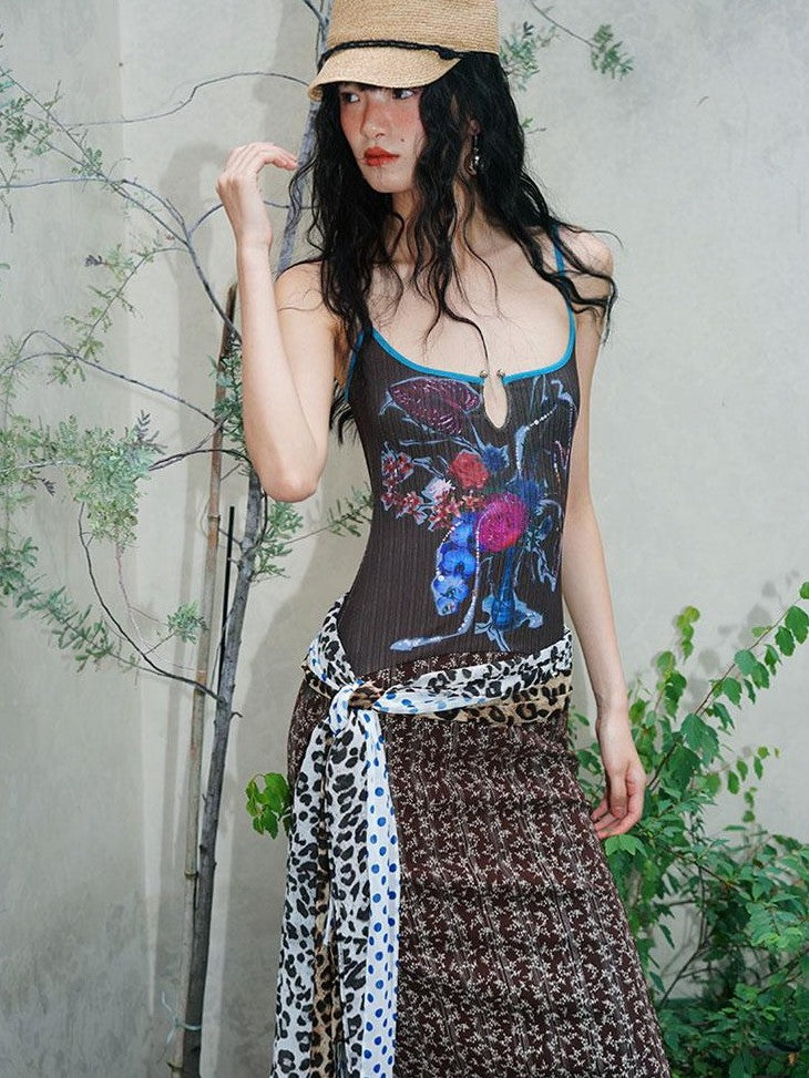 badtaste Vintage Floral Patchwork Contrast Slim Women's Stretch Knit Slip Maxi Dresses