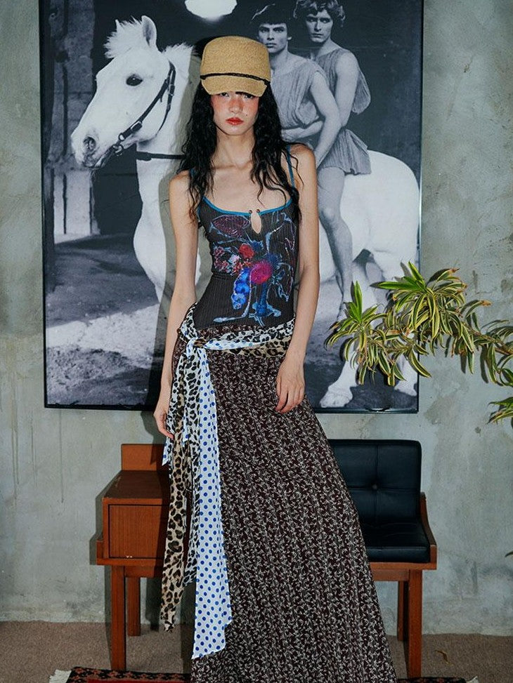 badtaste Vintage Floral Patchwork Contrast Slim Women's Stretch Knit Slip Maxi Dresses
