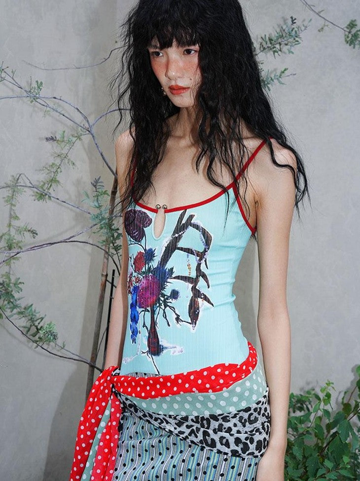badtaste Vintage Floral Patchwork Contrast Slim Women's Stretch Knit Slip Maxi Dresses