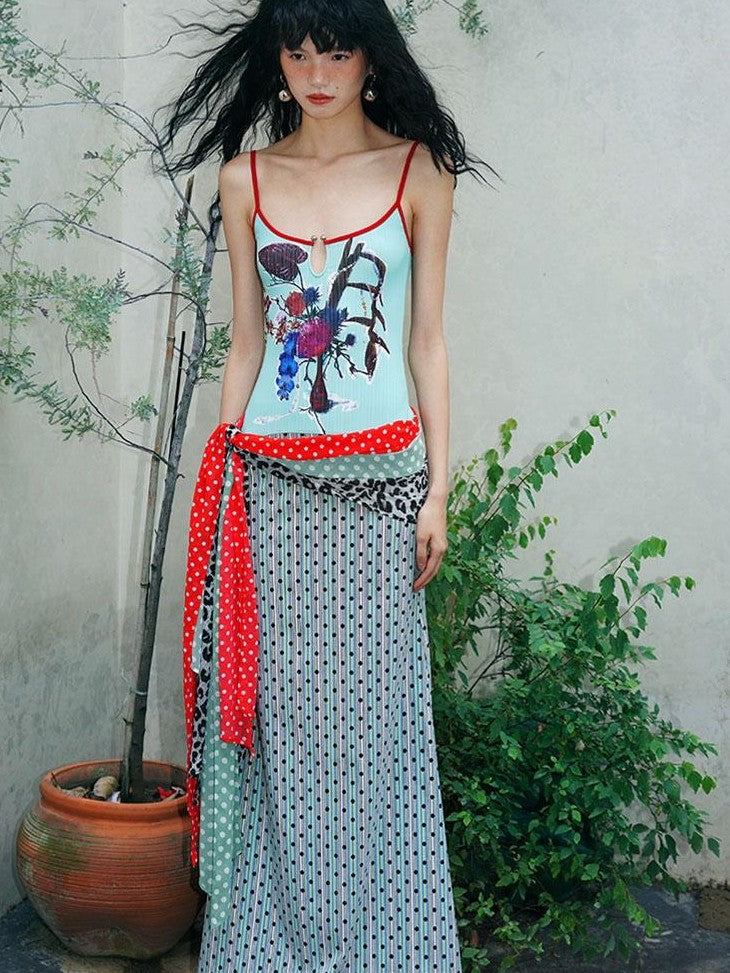 badtaste Vintage Floral Patchwork Contrast Slim Women's Stretch Knit Slip Maxi Dresses