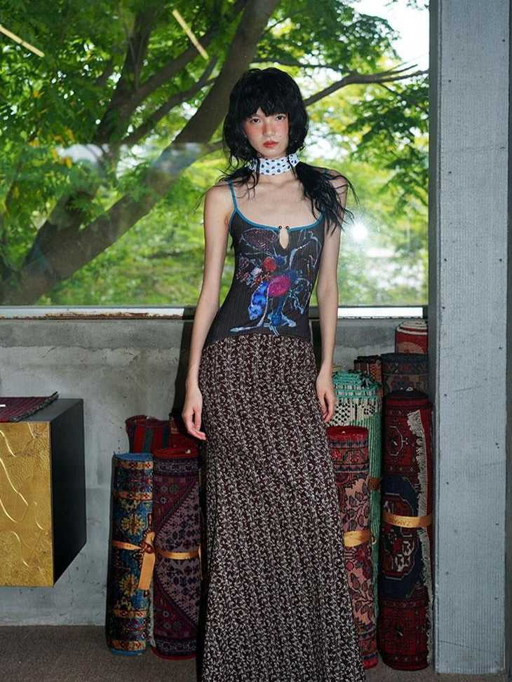 badtaste Vintage Floral Patchwork Contrast Slim Women's Stretch Knit Slip Maxi Dresses