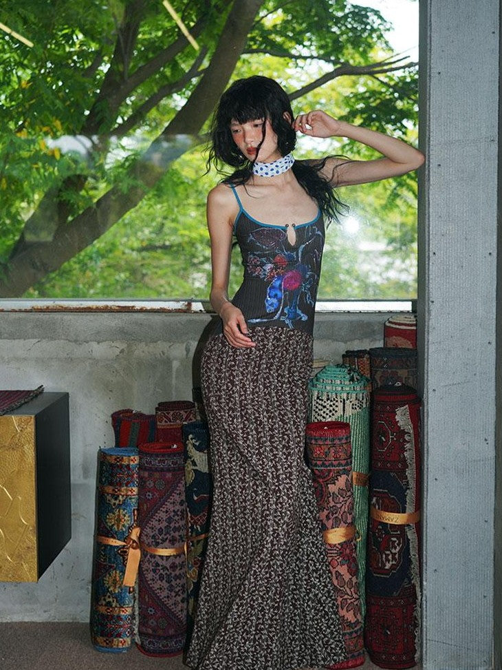 badtaste Vintage Floral Patchwork Contrast Slim Women's Stretch Knit Slip Maxi Dresses