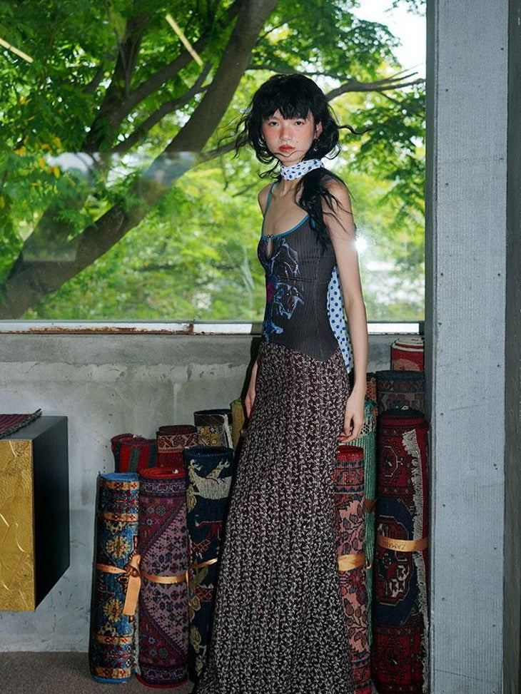 badtaste Vintage Floral Patchwork Contrast Slim Women's Stretch Knit Slip Maxi Dresses