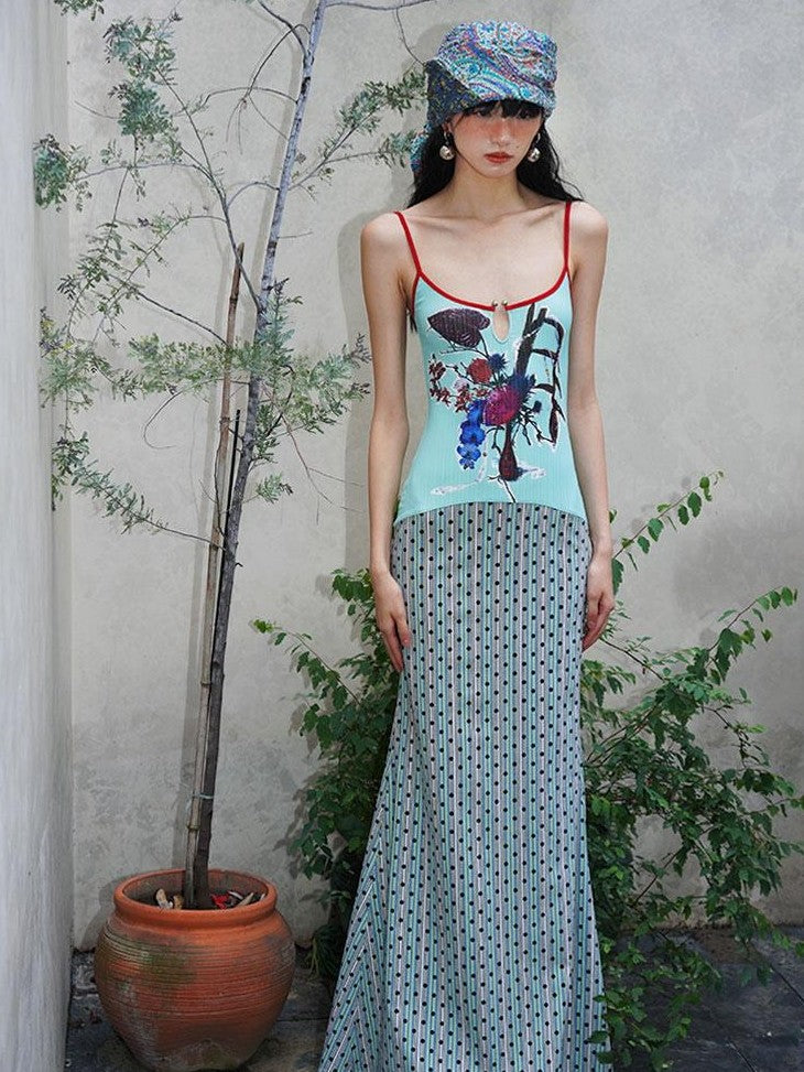 badtaste Vintage Floral Patchwork Contrast Slim Women's Stretch Knit Slip Maxi Dresses