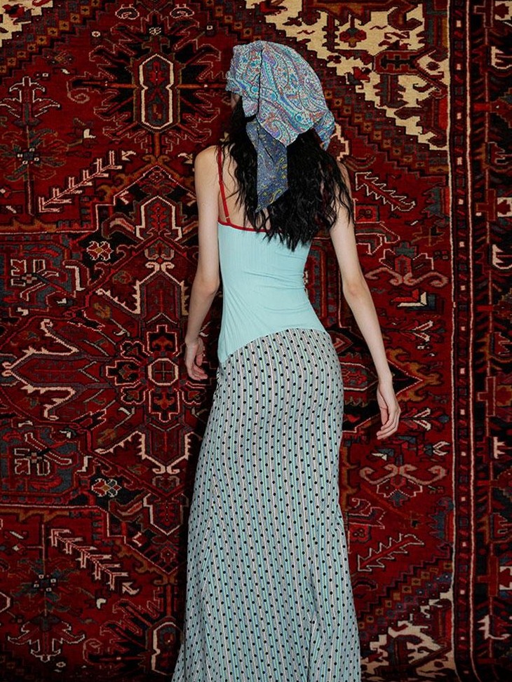 badtaste Vintage Floral Patchwork Contrast Slim Women's Stretch Knit Slip Maxi Dresses