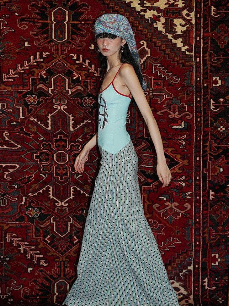 badtaste Vintage Floral Patchwork Contrast Slim Women's Stretch Knit Slip Maxi Dresses