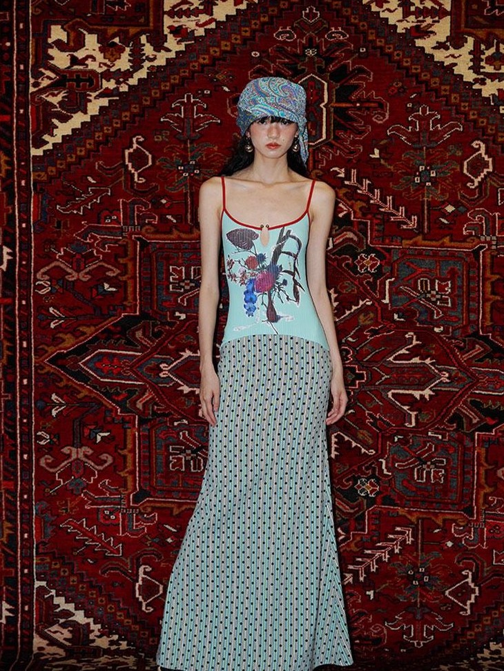 badtaste Vintage Floral Patchwork Contrast Slim Women's Stretch Knit Slip Maxi Dresses