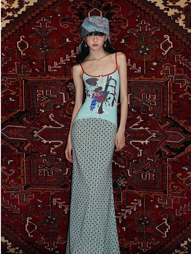 badtaste Vintage Floral Patchwork Contrast Slim Women's Stretch Knit Slip Maxi Dresses