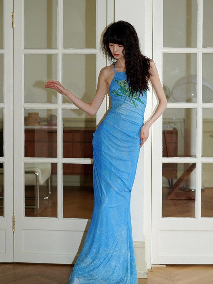 badtaste Vintage Neo Chinese Print Backless Women's Mesh Bodycon Maxi Dresses