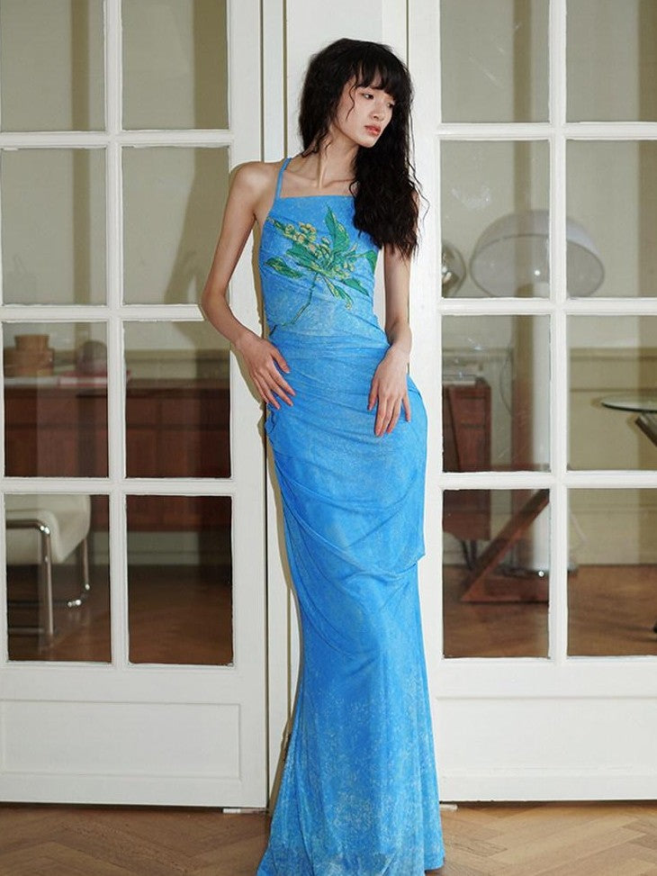 badtaste Vintage Neo Chinese Print Backless Women's Mesh Bodycon Maxi Dresses