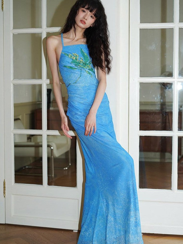 badtaste Vintage Neo Chinese Print Backless Women's Mesh Bodycon Maxi Dresses