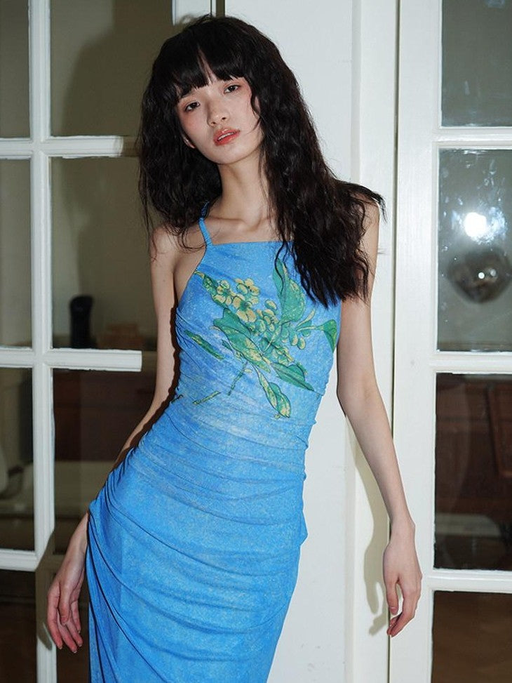 badtaste Vintage Neo Chinese Print Backless Women's Mesh Bodycon Maxi Dresses