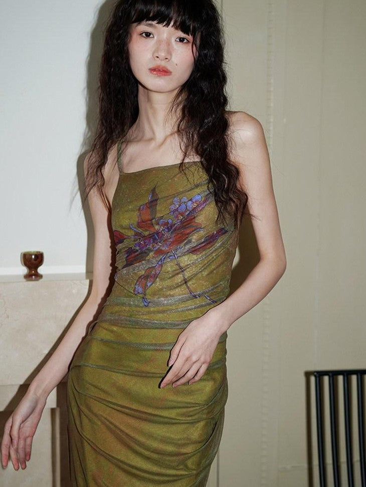 badtaste Vintage Neo Chinese Print Backless Women's Mesh Bodycon Maxi Dresses