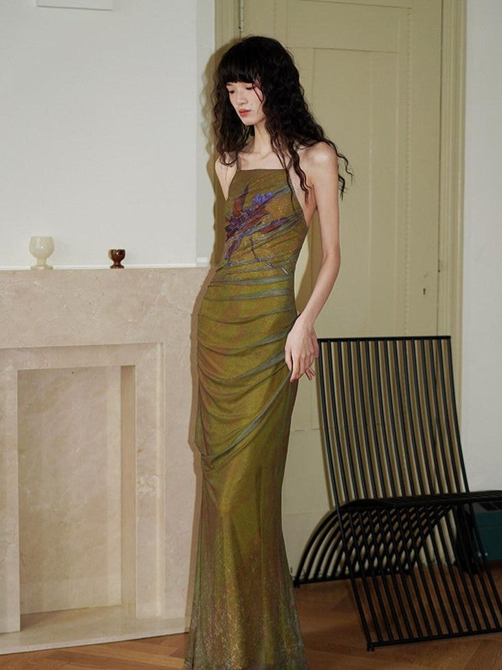 badtaste Vintage Neo Chinese Print Backless Women's Mesh Bodycon Maxi Dresses